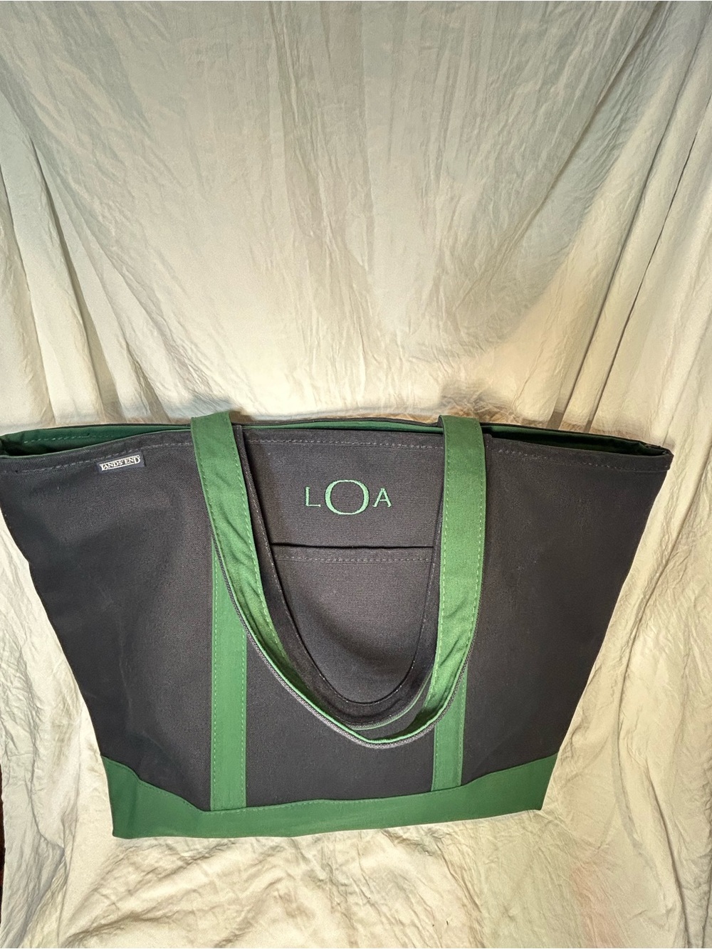 Lands' End Canvas Pocket Tote Bag Navy Blue & Green - Monogrammed "LOA" Size XL - Picture 4 of 16
